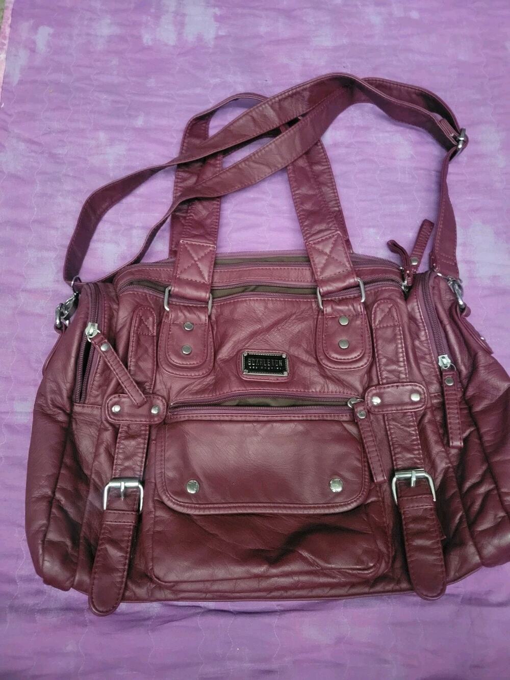SCARLETON Satchel Handbag Purple Shoulder Bag Purse Soft Faux Leather ~ POCKETS!